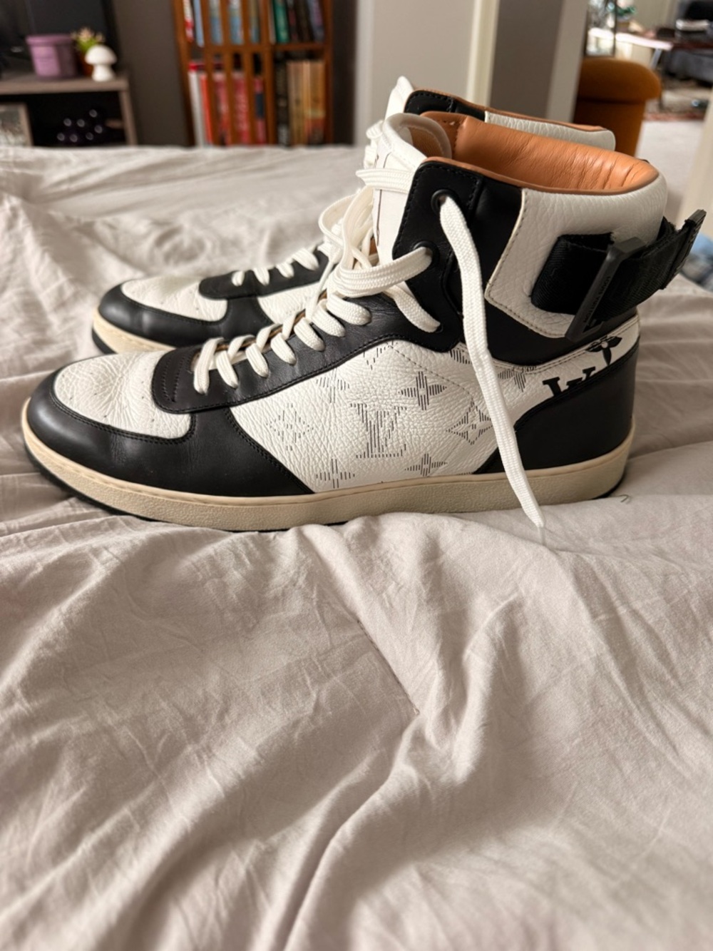 Louis Vuitton Noir Black & White High-Top Sneakers  Gold Accent - Picture 3 of 6